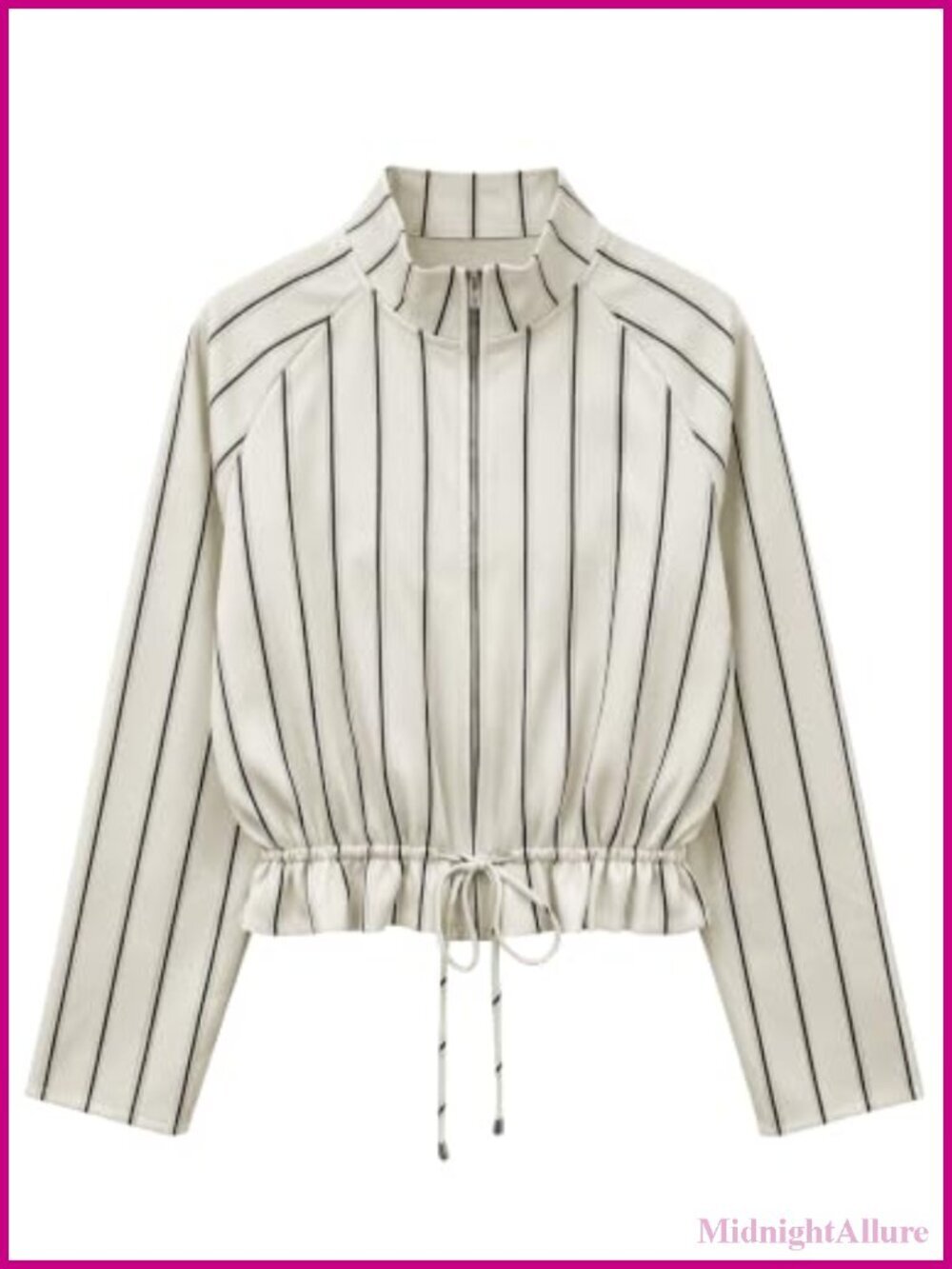 Striped Zip Up Cropped Jacket Lightweight Stand Collar Drawstring Casual